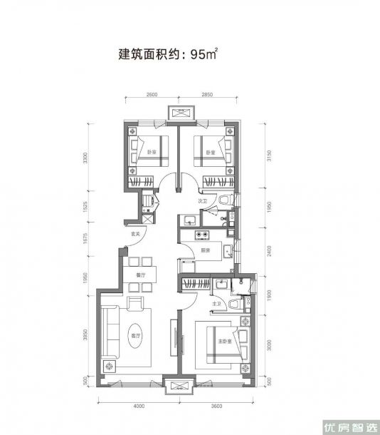 建面建筑面积：约95平米